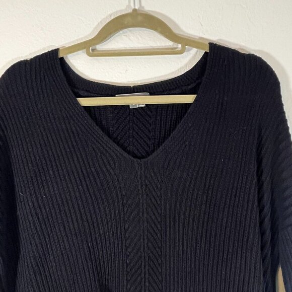 Vince Cotton Ribbed Knit Dropped Shoulder V-Neck Chunky Knit Sweater Black Small - Picture 2 of 7